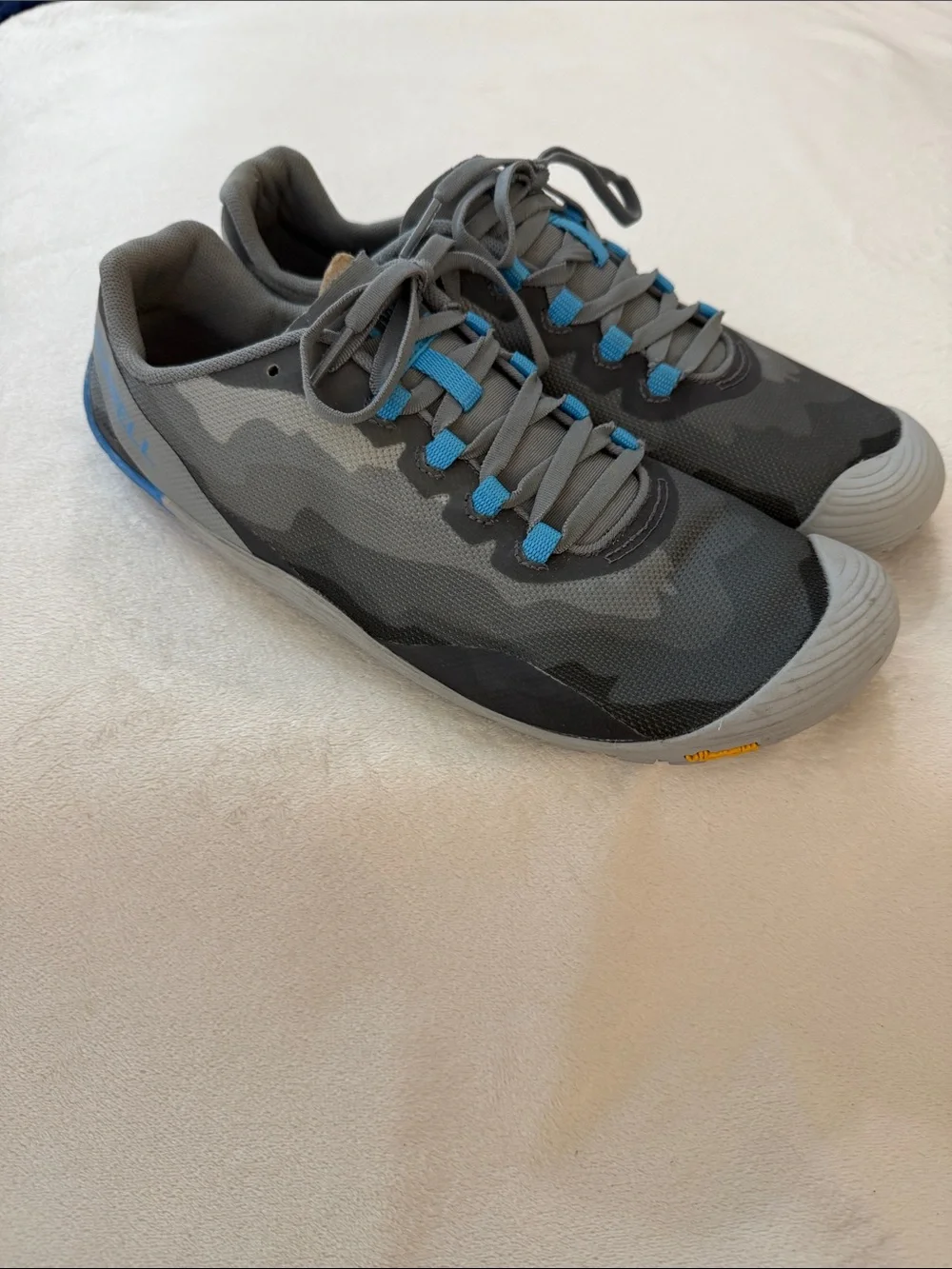 Merrell Barefoot Multi-Gray Camouflage Sneakers with blue accents.